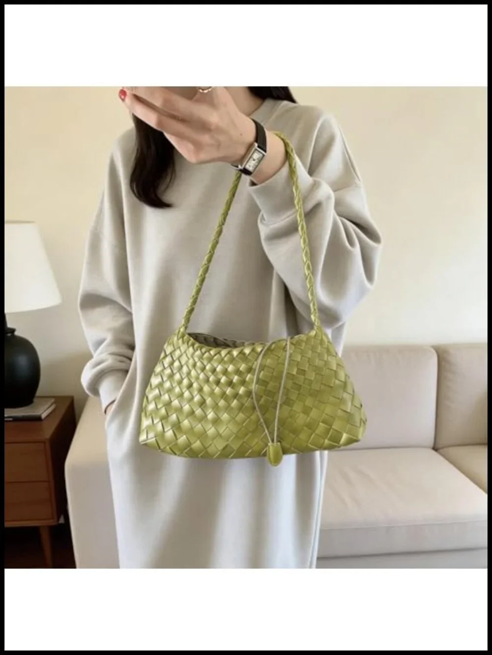 Large Capacity Soft Leather Hobo Bag, Woven Shoulder Handbag with Drawstring